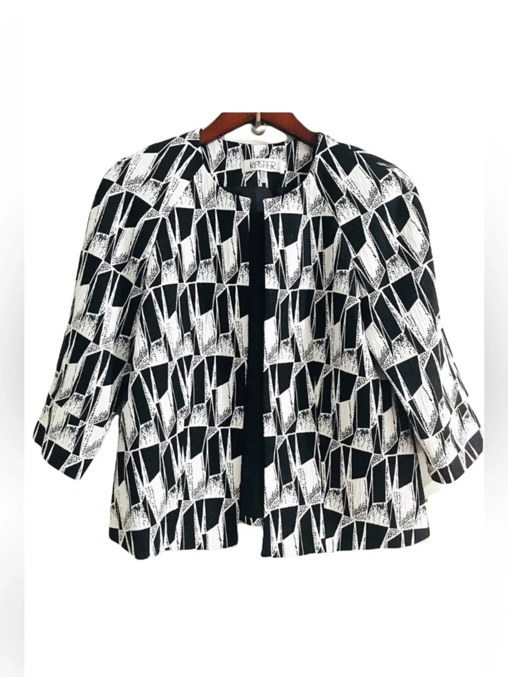 Kasper Black & White Geometric Open Front Flyaway Women's Jacket